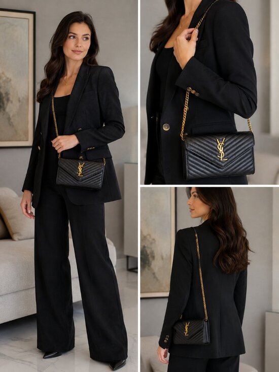 UBR Handbags - Black Quilted Envelope Chain Shoulder Bag Gold Hardware Crossbody